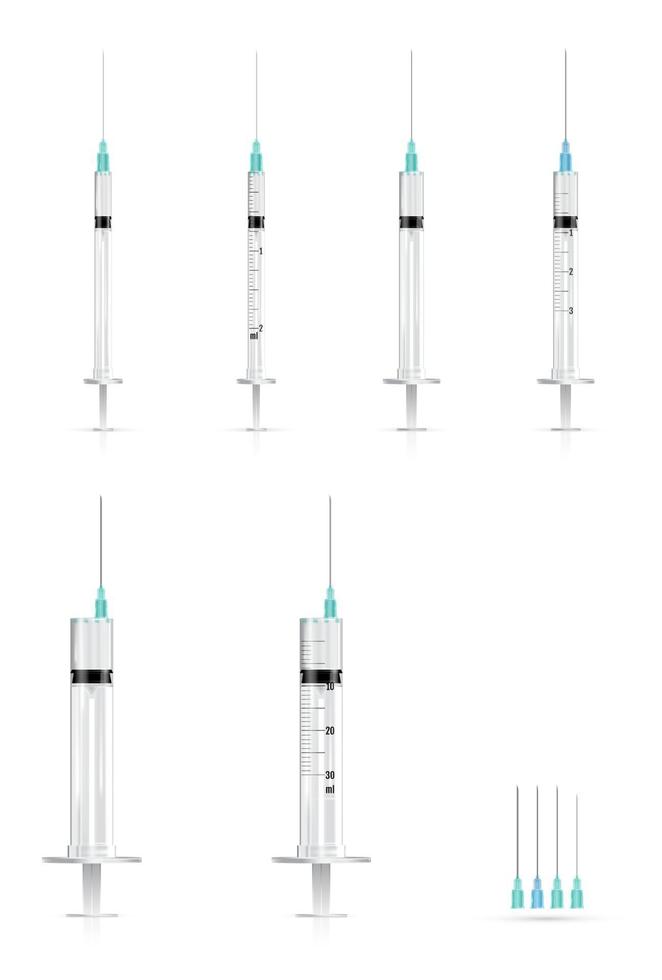 realistiska medicinska sprutor och nålar. vektor