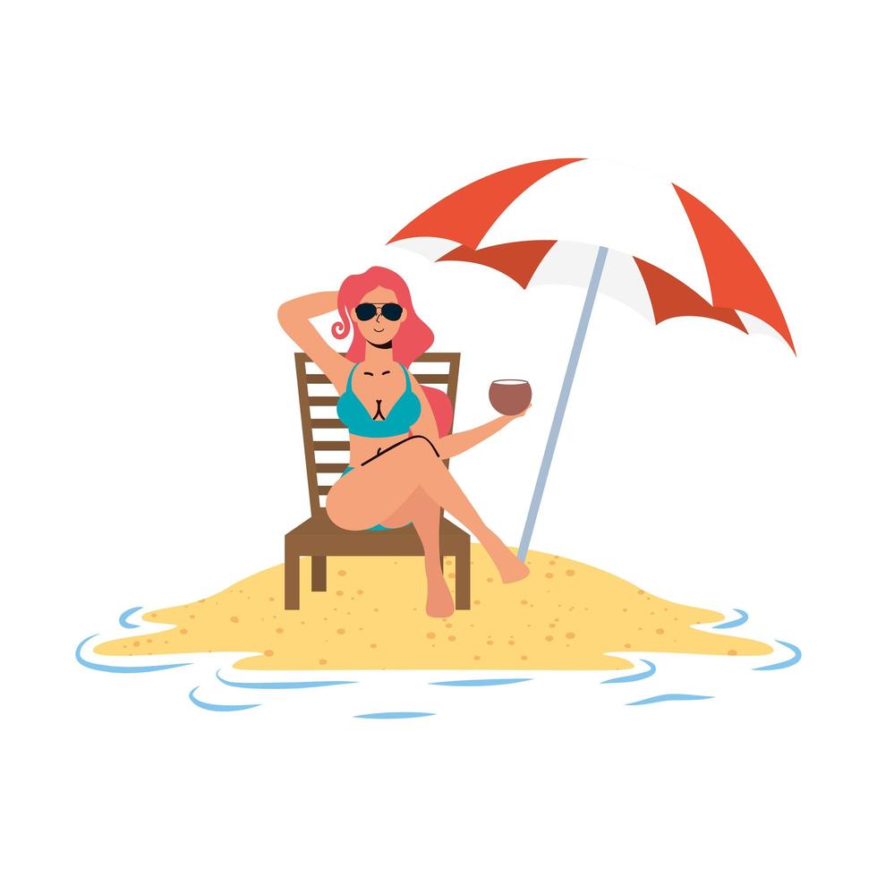junge Frau entspannt am Strand in Stuhl und Sonnenschirm sitzend vektor