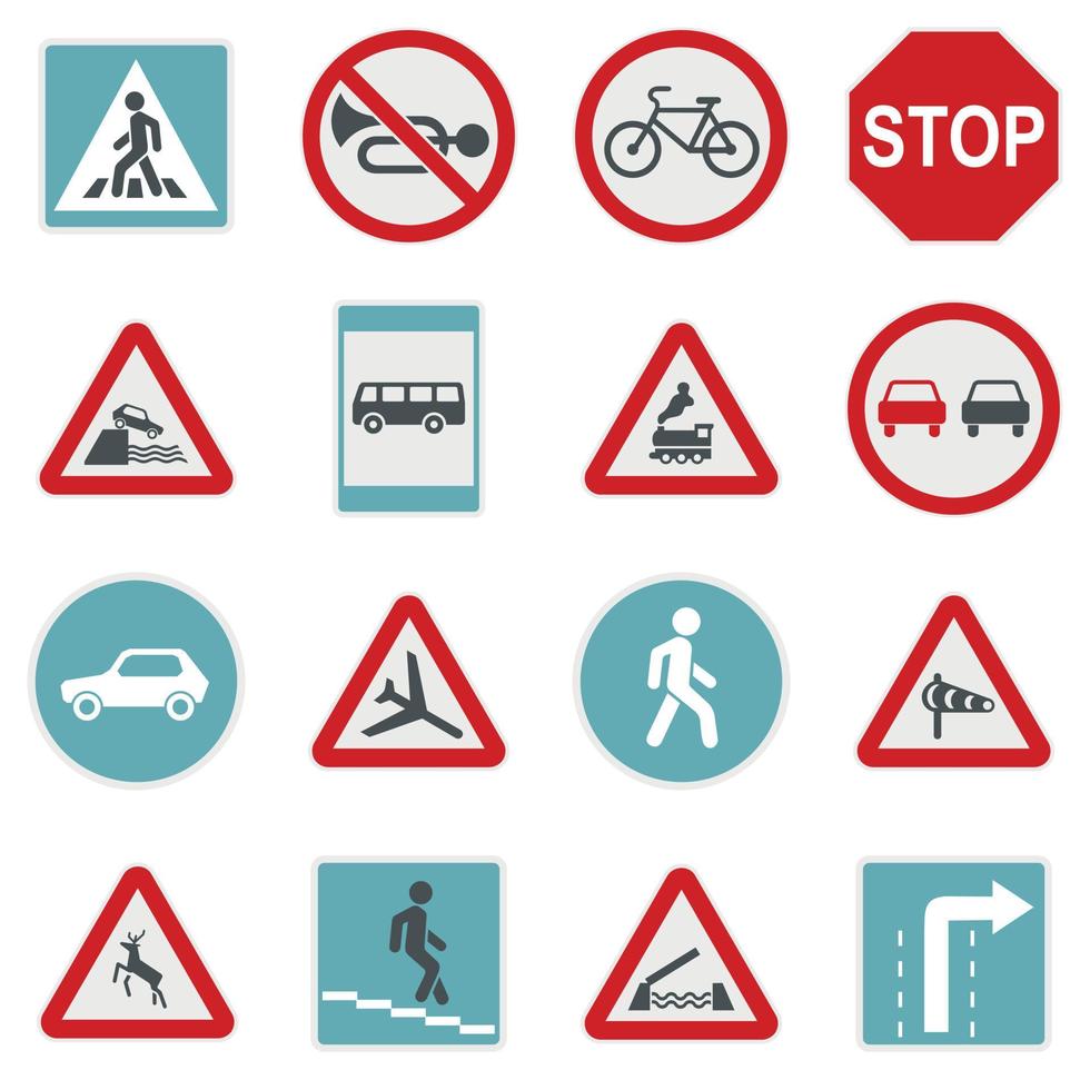 Straßenschild-Set-Icons, flacher Stil vektor