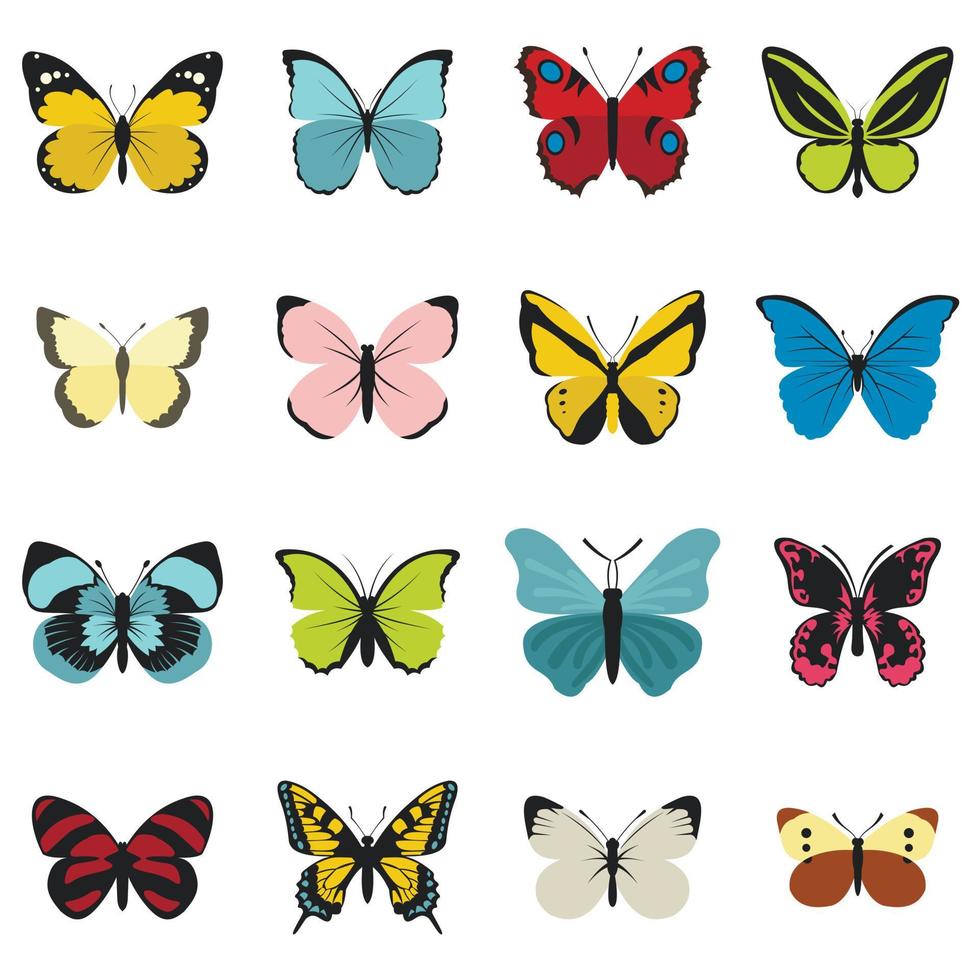 Schmetterlingssymbole gesetzt, flacher Stil vektor