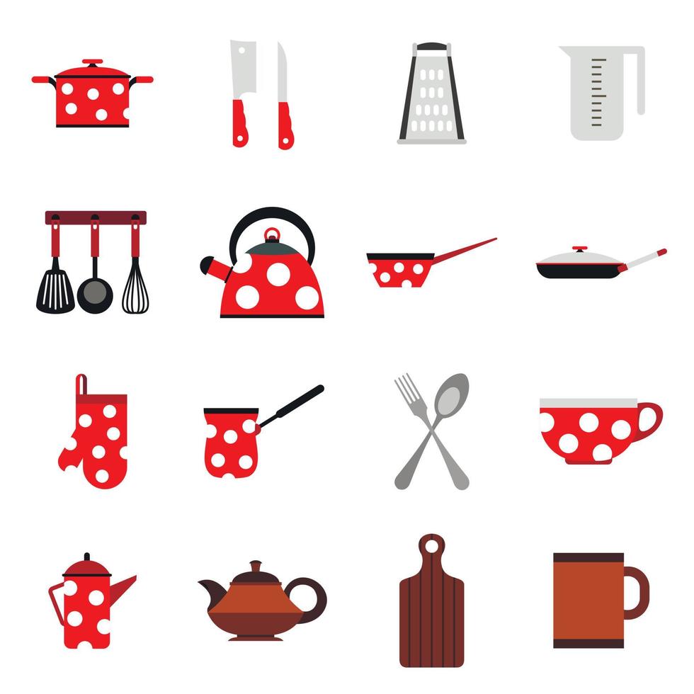 köksredskap och redskap ikoner, platt stil vektor