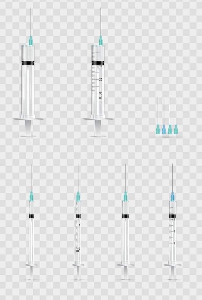 realistiska medicinska sprutor och nålar. vektor