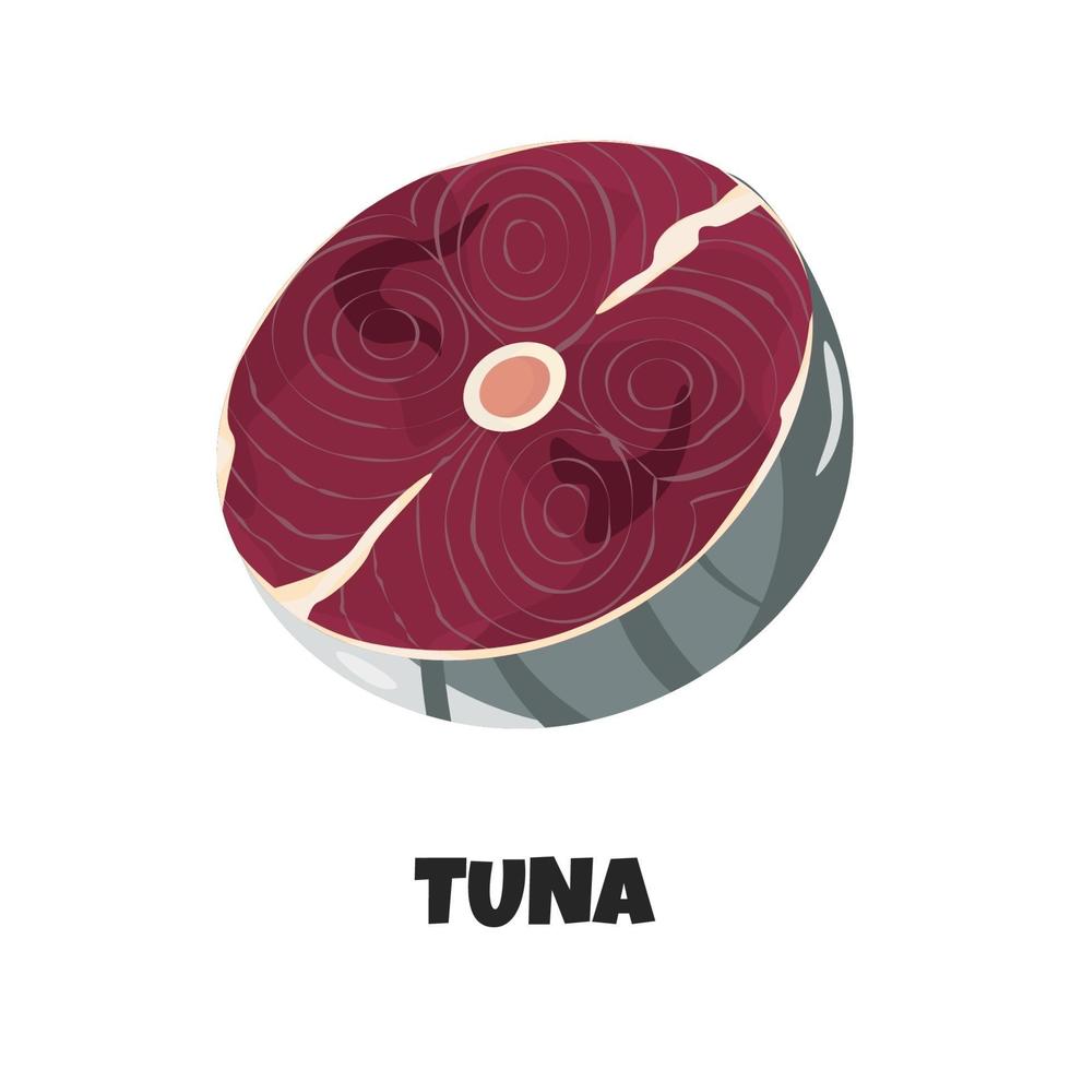 realistisk vektorillustration av rå biff av tonfisk isolerad på vit bakgrund. marina produktkoncept. grafisk design av skiva frsh fisk kan användas för menyer, matlagningsrecept, artiklar, bloggar vektor