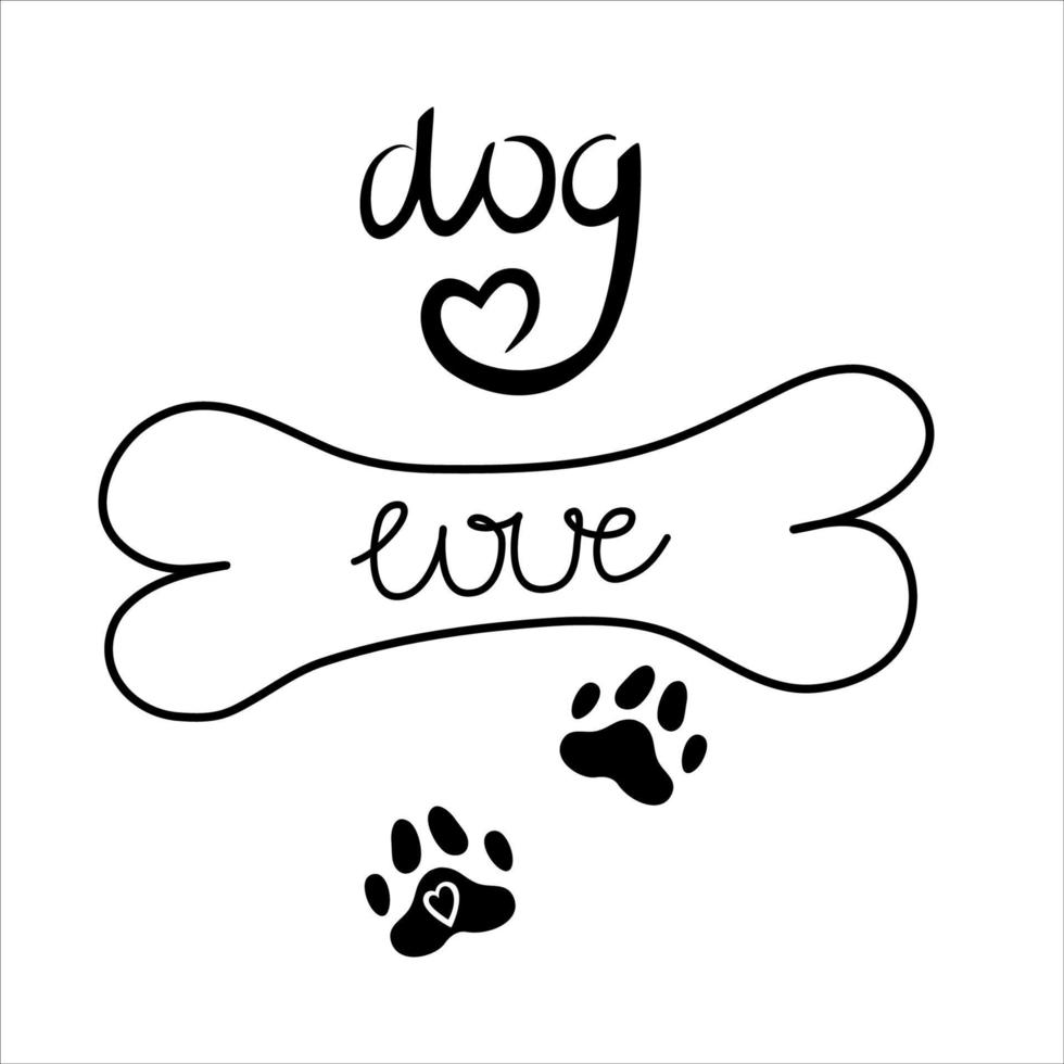 en hundtass med svart hjärta är isolerad på vit bakgrund. vektor illustration i doodle stil. tass av ett djur, en valp med inskriptionen hund