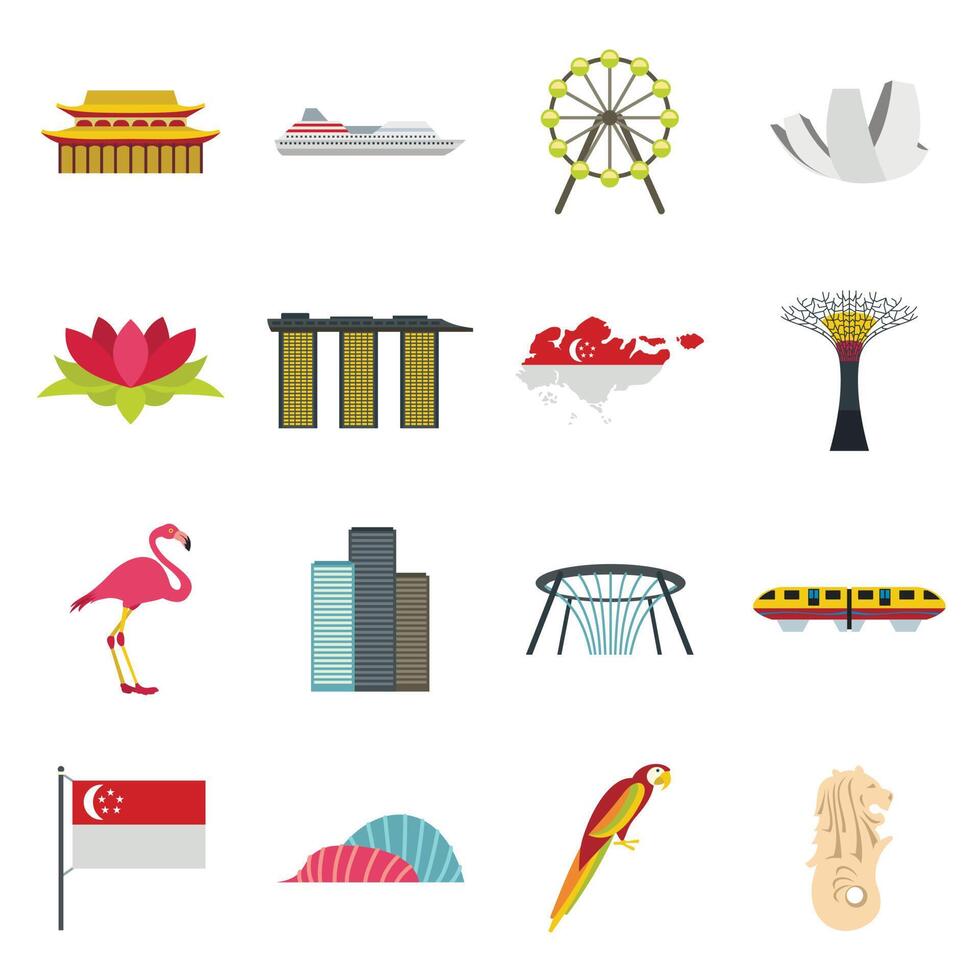 Singapur Icons Set, flacher Stil vektor