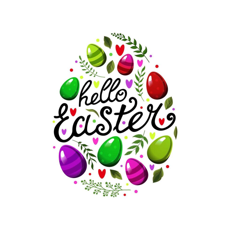 Vektor Ei mit Text Hallo Ostern und mit bunt Eier, Grün Blätter und Geäst, Herzen auf Weiß Hintergrund. Illustration im eben Stil. Frühling Clip Art zum Design von Karte, Banner, Flyer, Poster