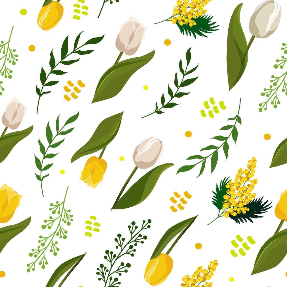 sömlös vektor mönster med vit tulpaner och gul mimosa på vit bakgrund. platt design med blommor för scrapbooking, barn kläder, klänning, tyg och textil-