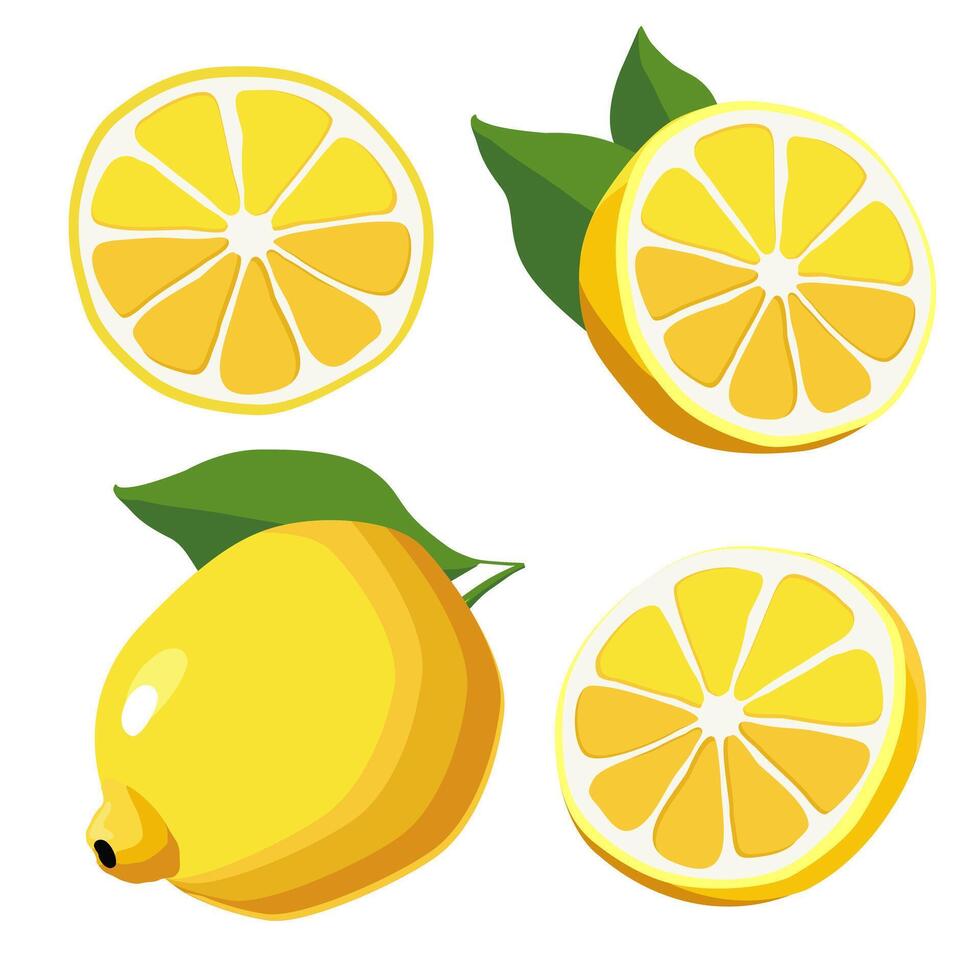 uppsättning av saftig och friska gul citron- och skivor isolerat på vit bakgrund. vektor skivad frukt illustration i platt stil. sommar ClipArt för design av kort, baner, flygblad, försäljning, affisch, ikoner