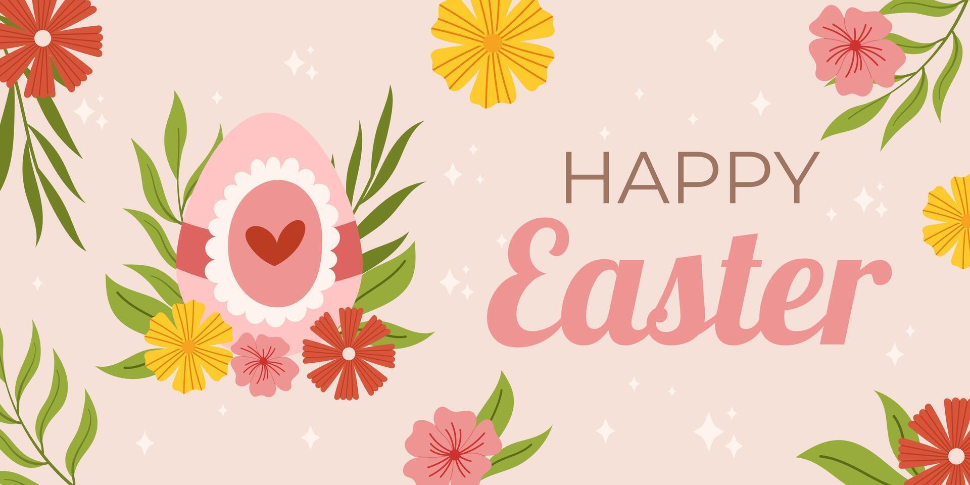Ostern horizontal Hintergrund Vorlage. Design zum Feier Frühling Urlaub mit Blumen und gemalt Ei. vektor