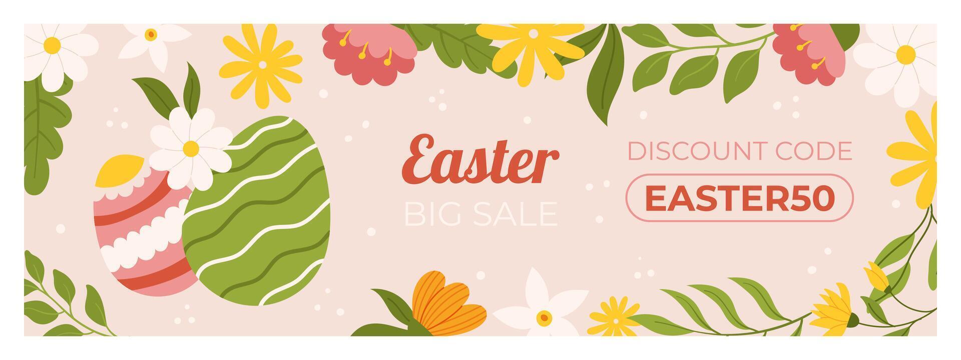 Ostern Verkauf horizontal Banner Vorlage zum Förderung. Design mit gemalt Eier, Blumen- Elemente. Hand gezeichnet eben Vektor Illustration