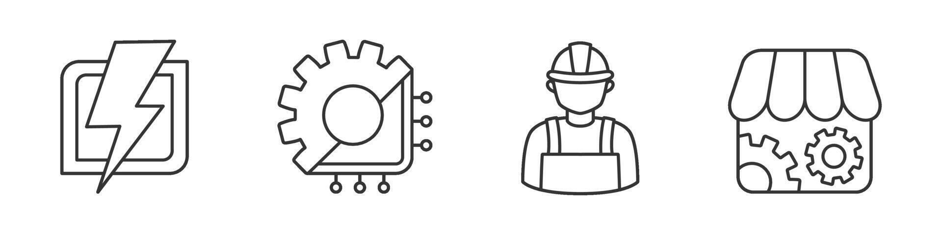 samling av ikon på ämne elektrisk teknik i svart och vit färger. uppsättning Inklusive blixt, chip och redskap, hantlangare, delar Lagra. vektor