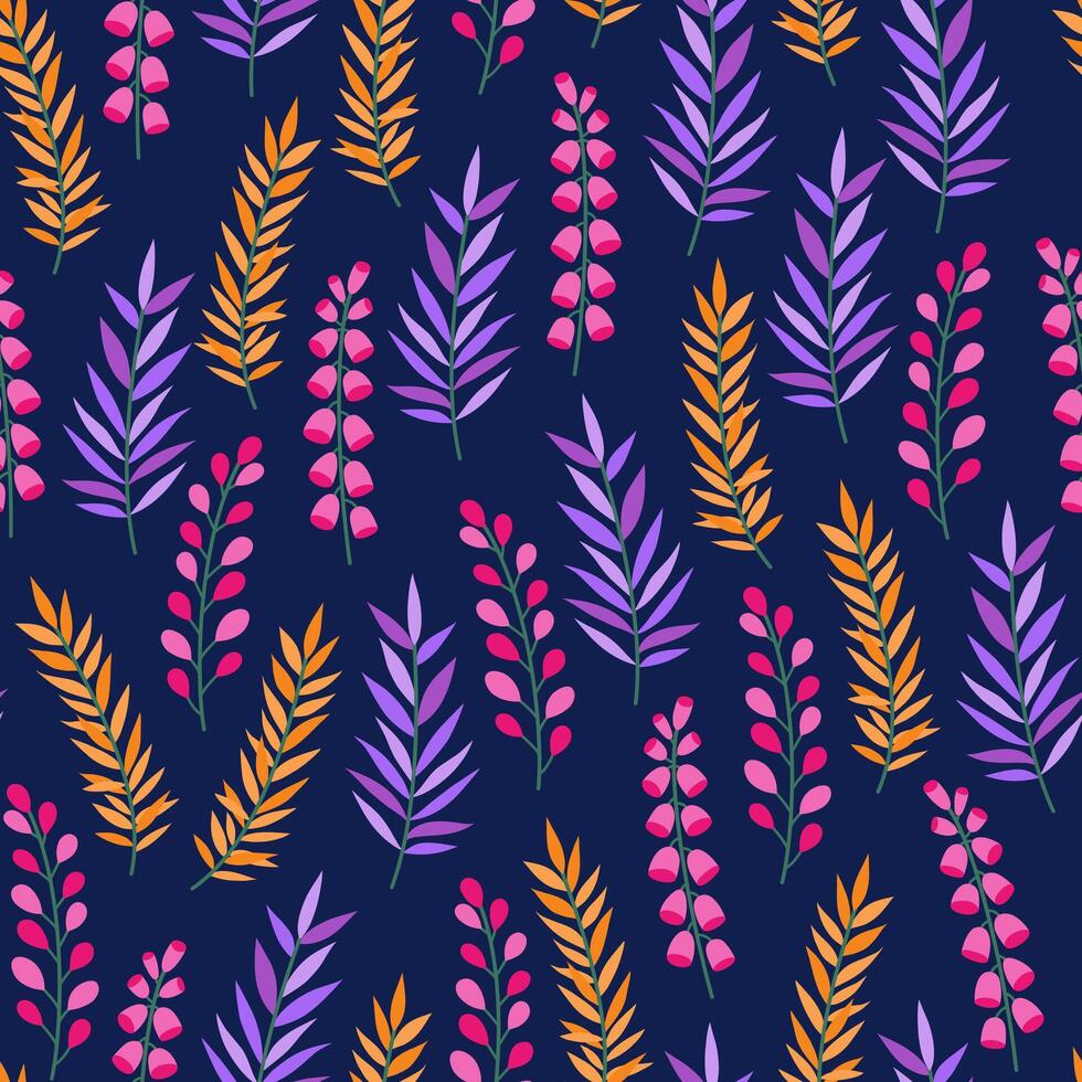 Kräuter, Blätter, und Wildblumen, hell und bunt nahtlos Muster. Wiese und Feld Blumen. Blumen- Sommer- Vektor Illustration. Frühling botanisch Hintergrund, modern Stil Design