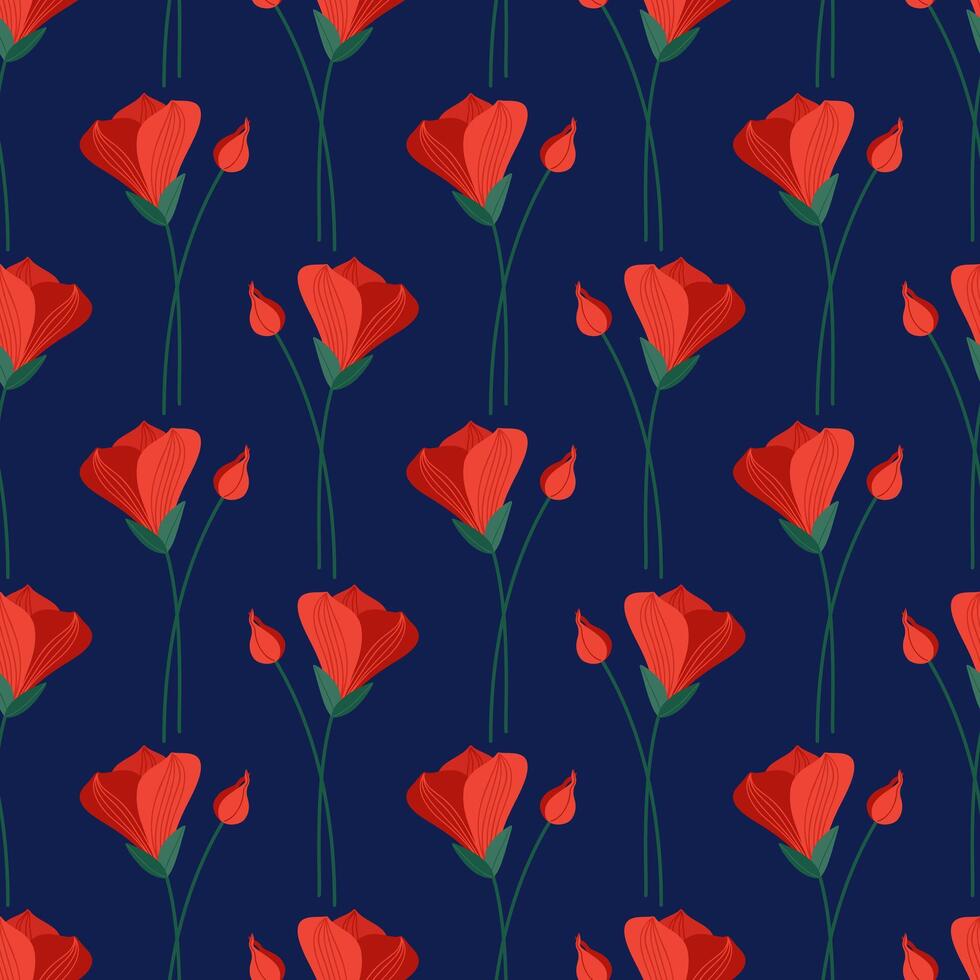 nahtlos Muster mit rot Alstroemeria Blumen auf ein Blau Hintergrund. Sommer- Blumen- Vektor Illustration. hell Frühling botanisch drucken, modern Stil Design