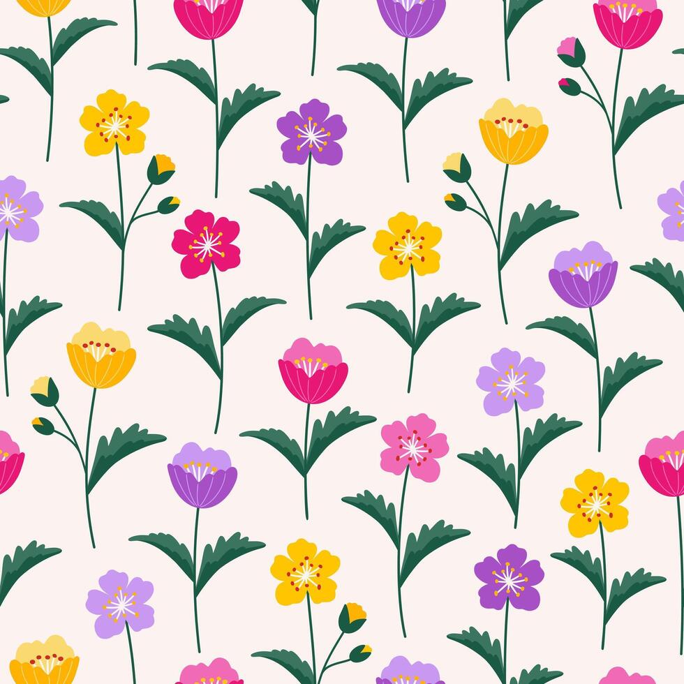 bunt süß Wildblumen auf ein Beige Hintergrund, nahtlos Muster. Blumen- Sommer- Vektor Illustration. Frühling botanisch drucken, modern eben Stil Design