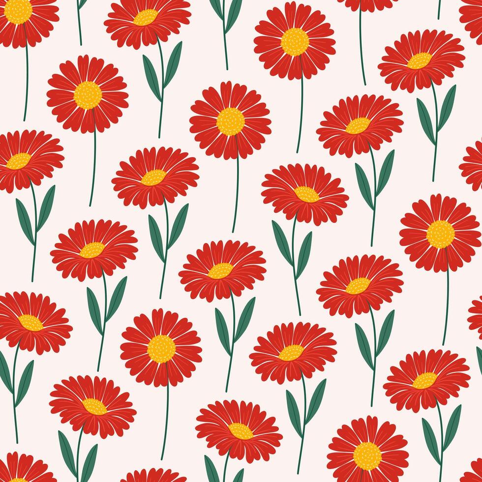 sömlös mönster med röd gerbera blommor på en beige bakgrund. sommar blommig vektor illustration. ljus vår botanisk skriva ut, modern stil design