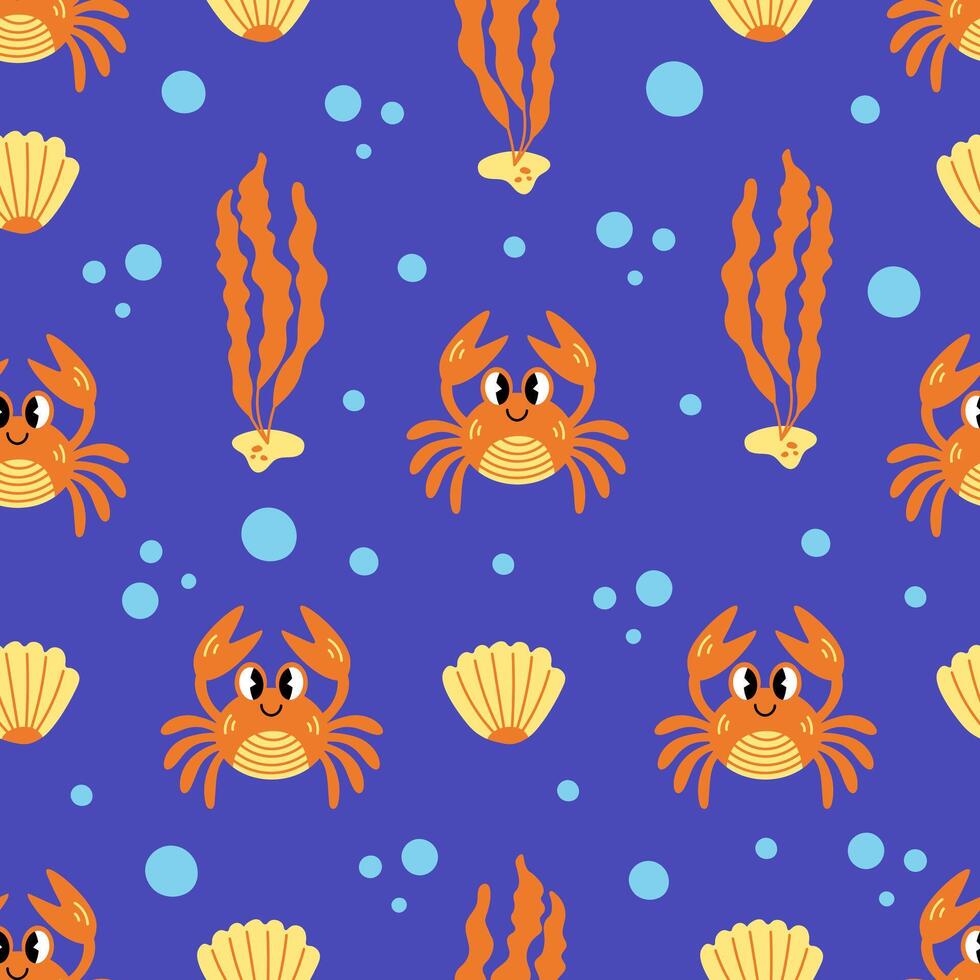 Meer nahtlos Muster mit süß Krabbe Seetang und Luftblasen vektor