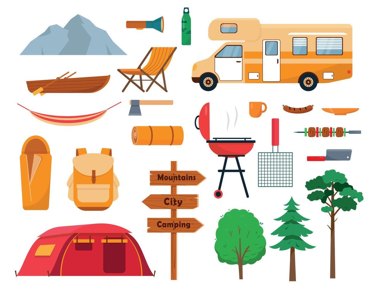 Camping Elemente Ausrüstung einstellen isoliert auf Weiß Hintergrund. groß Sammlung Symbole zum Sport, Abenteuer im Natur, Erholung und Tourismus Konzept Design. Vektor Illustration.