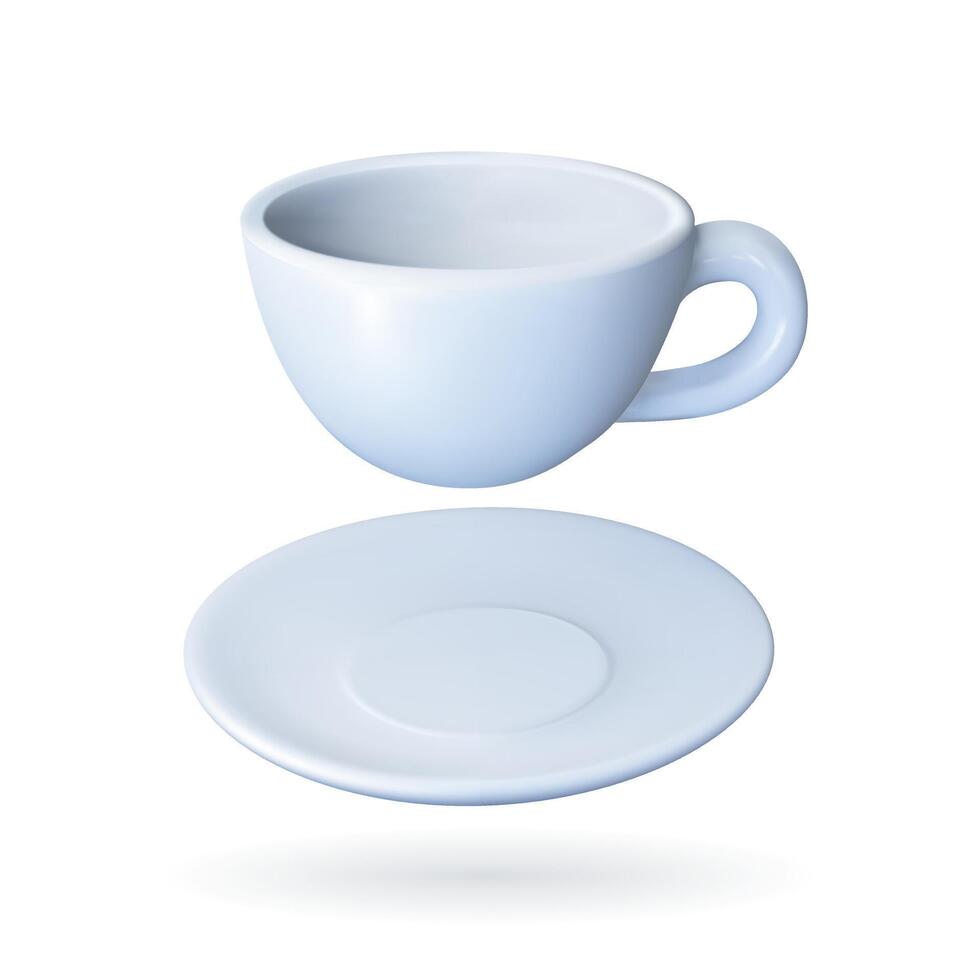 3d realistisch Weiß Tasse zum Kaffee oder Tee. Tasse und sauser zum heiß trinken. Attrappe, Lehrmodell, Simulation von Becher zum Restaurant und Cafe. Vektor machen Illustration isoliert auf Weiß Hintergrund.