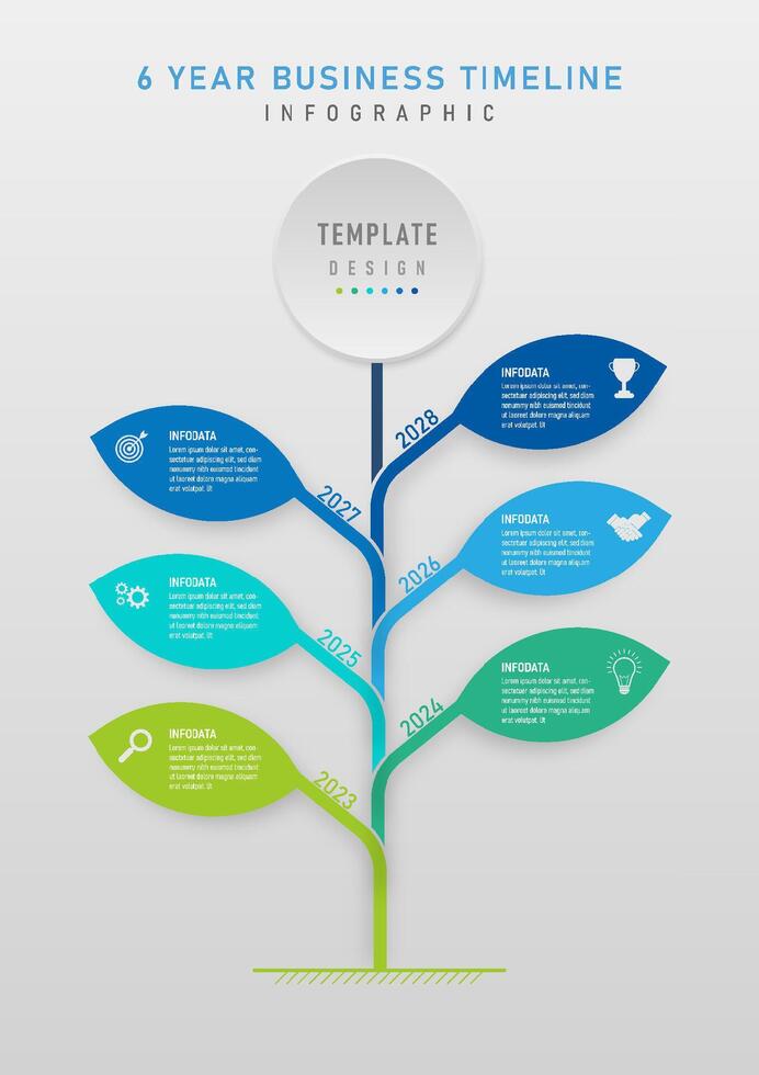 6 Jahr Geschäft Zeitleiste Vorlage multi farbig Blatt Vertikale Infografik es hat Weiß Briefe und ein Symbol im das Mitte. auf das Linien Dort sind Zahlen zum das Jahr, das Kreis über hat Briefe. vektor