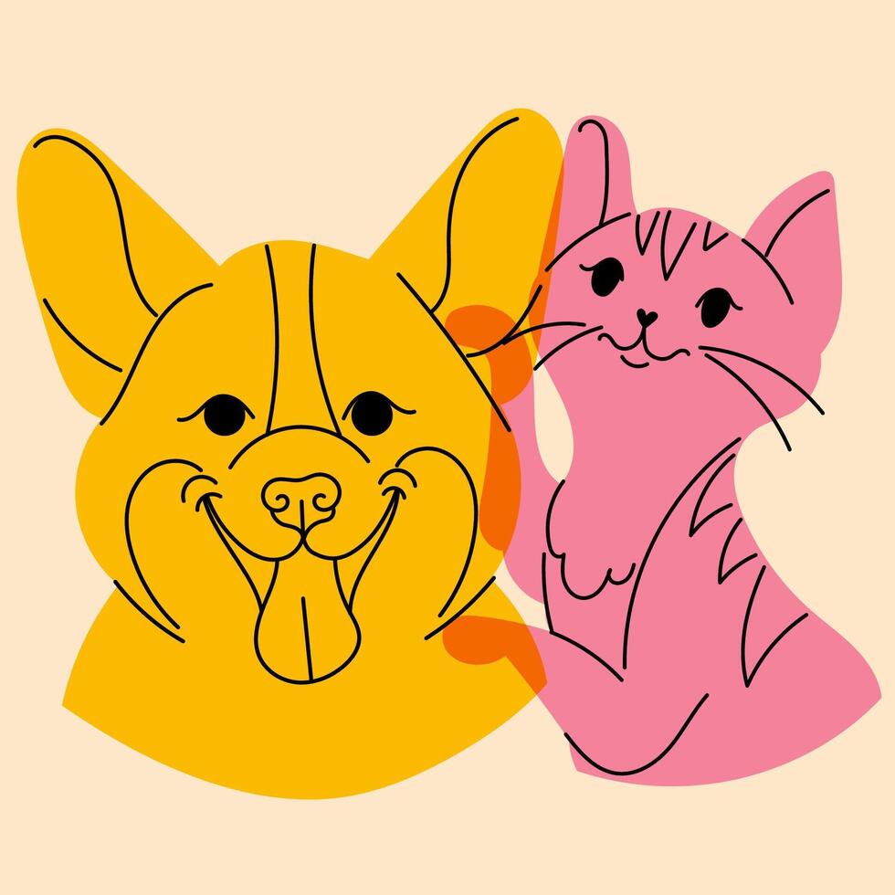 Hund und Katze. Benutzerbild, Abzeichen, Poster, Logo Vorlagen, drucken. Vektor Illustration im ein minimalistisch Stil mit aufsteigen drucken Wirkung. eben Karikatur Stil