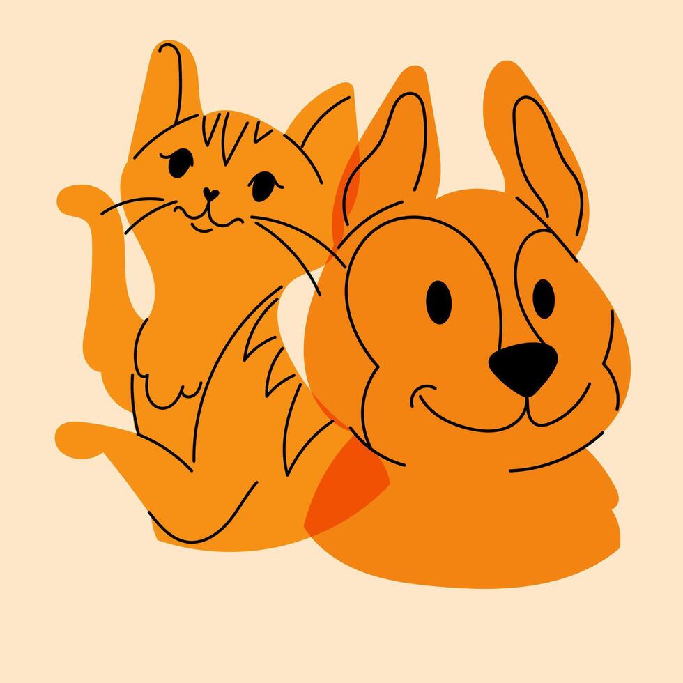 Hund und Katze. Benutzerbild, Abzeichen, Poster, Logo Vorlagen, drucken. Vektor Illustration im ein minimalistisch Stil mit aufsteigen drucken Wirkung. eben Karikatur Stil