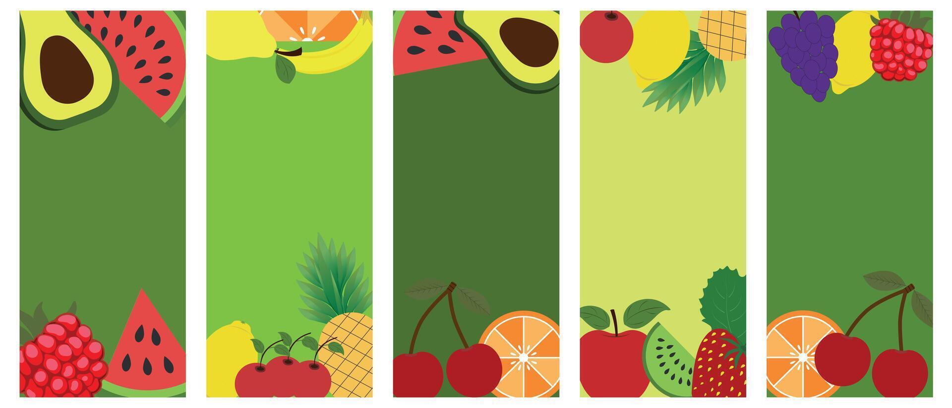 eine Collage von farbig Früchte und Beeren. bunt Regenbogen Vektor Diät Banner. Vitamine, Früchte und Beeren von organisch und gesund Ernährung.