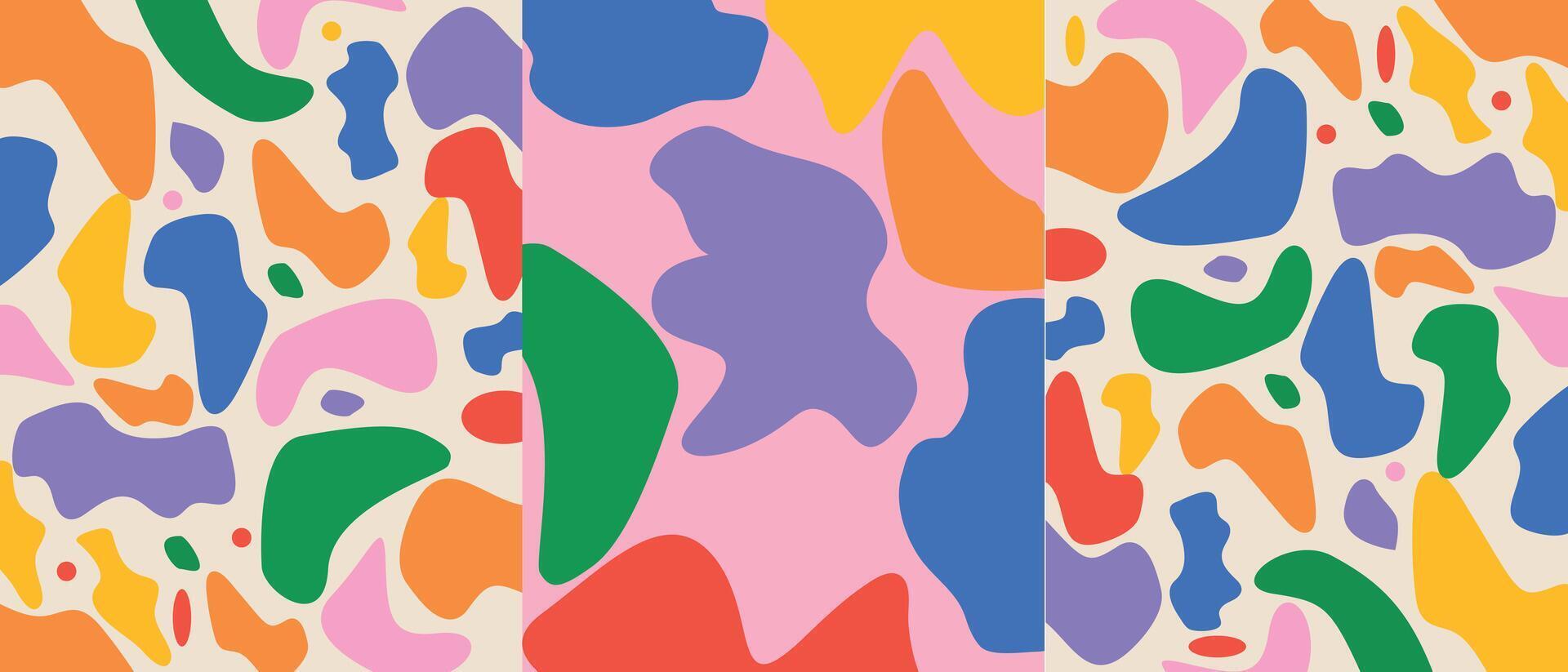 uppsättning av färgrik abstrakt posters med organisk former, sömlös illustration i retro stil. några abstrakt klotter form en sömlös mönster. modern primär Färg bakgrund med kreativ mönster. vektor