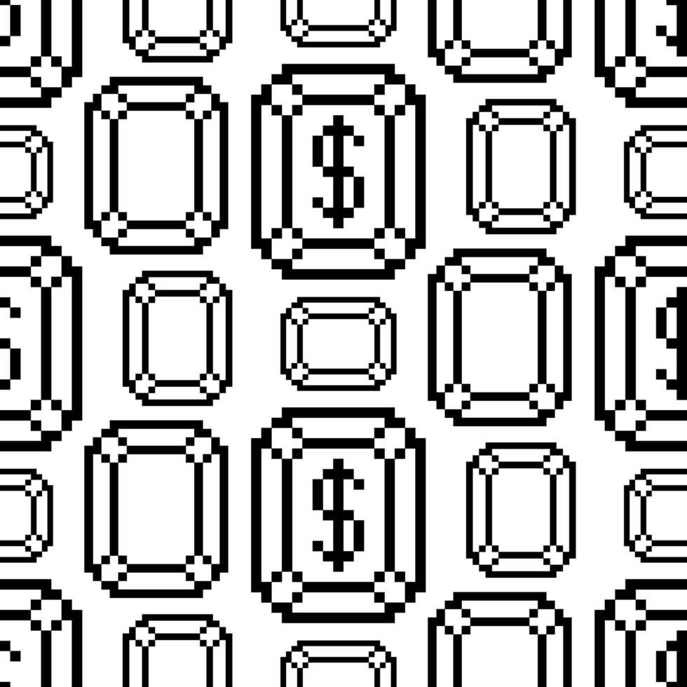 de mönster med de dollar tecken i de diamant är pixlade. pixel konst svart kontur dollar mynt retro video spel. de små kvadrater är dragen i en mönster. isolerat bild vektor
