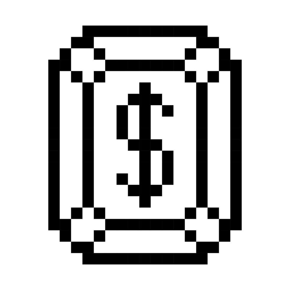 de dollar tecken i de diamant är pixlade. pixel konst svart kontur dollar mynt retro video spel. de små kvadrater är dragen i en mönster. isolerat bild vektor