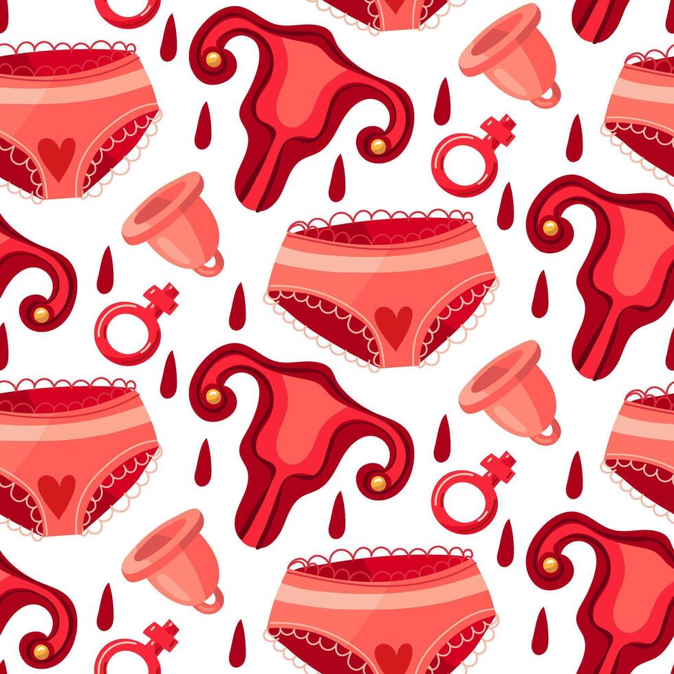 mönster av kvinnors trosor, livmoder, menstruations- kopp. de ämne av menstruation, de begrepp av en kvinnas regelbunden menstruations- cykel. de menstruations- period. kvinnors rosa underkläder med hjärtan vektor