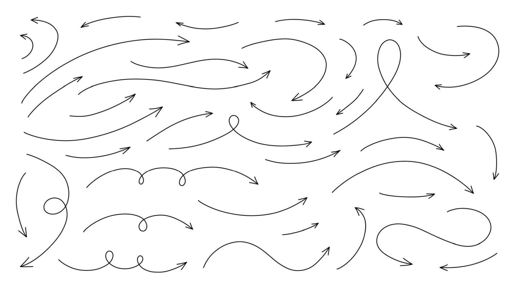 Hand gezeichnet dünn Linie Pfeile Satz. Vektor kurvig und wellig Pfeile isoliert auf Weiß.