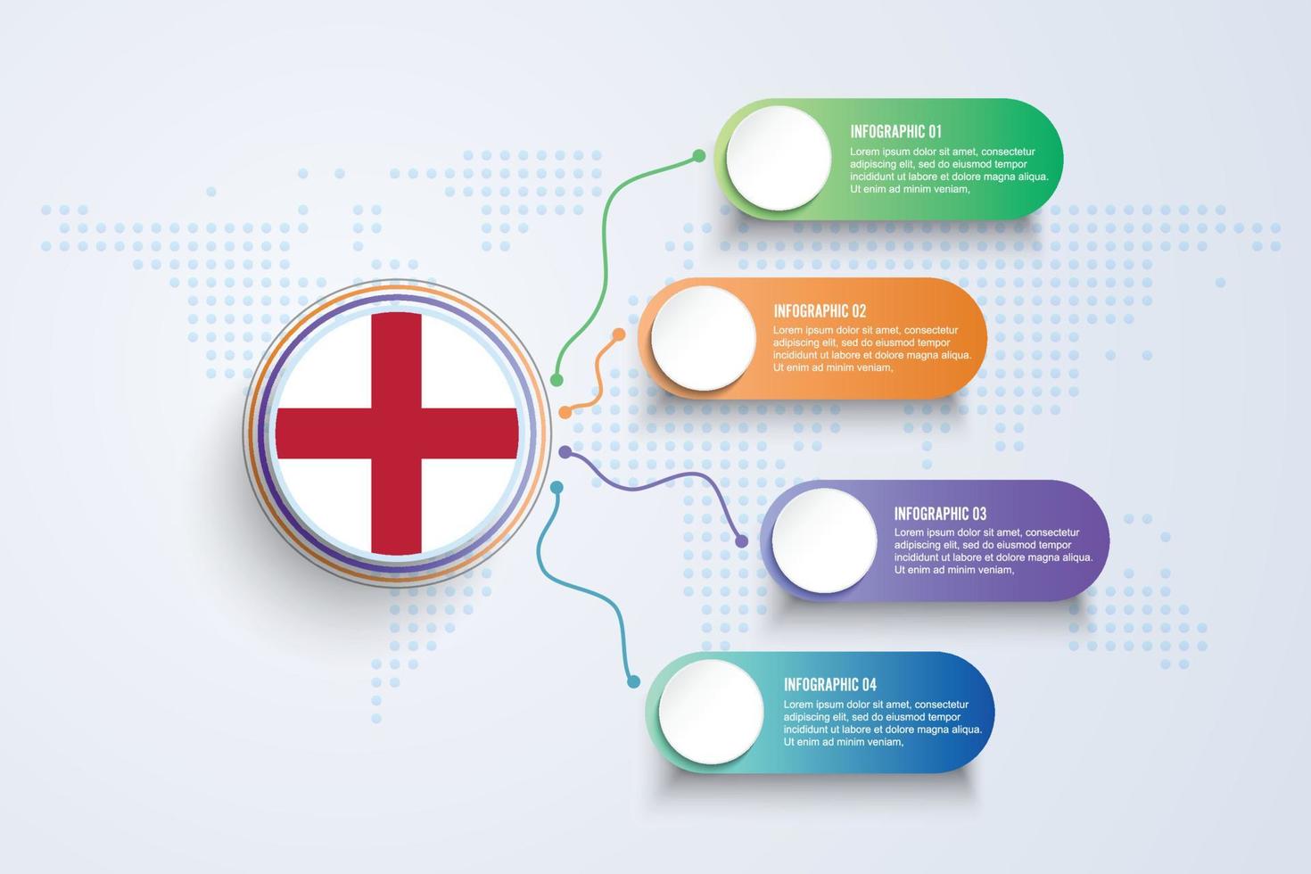 England-Flagge mit Infografik-Design isoliert auf Punktweltkarte vektor