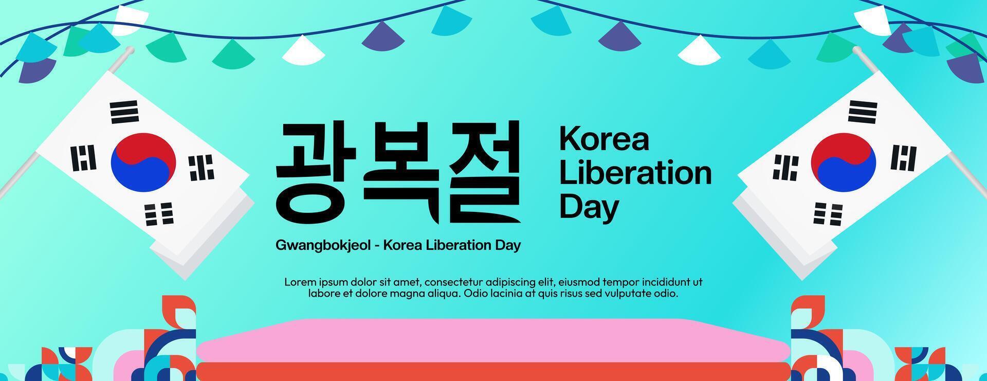 Korea National Befreiung Tag breit Banner im bunt modern geometrisch Stil. glücklich gwangbokjeol Tag ist Süd Koreanisch Unabhängigkeit Tag. Vektor Illustration zum National Urlaub feiern