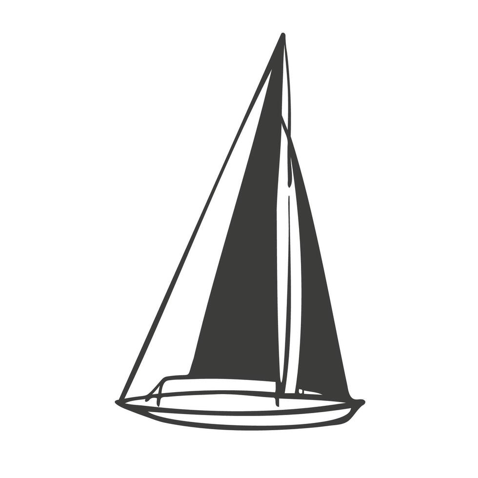 segelbåt hand dragen silhuett vektor illustration på isolerat bakgrund. design element för företag ikon, tecken, skriva ut, papper, kort. semester, hobby, turism, sport