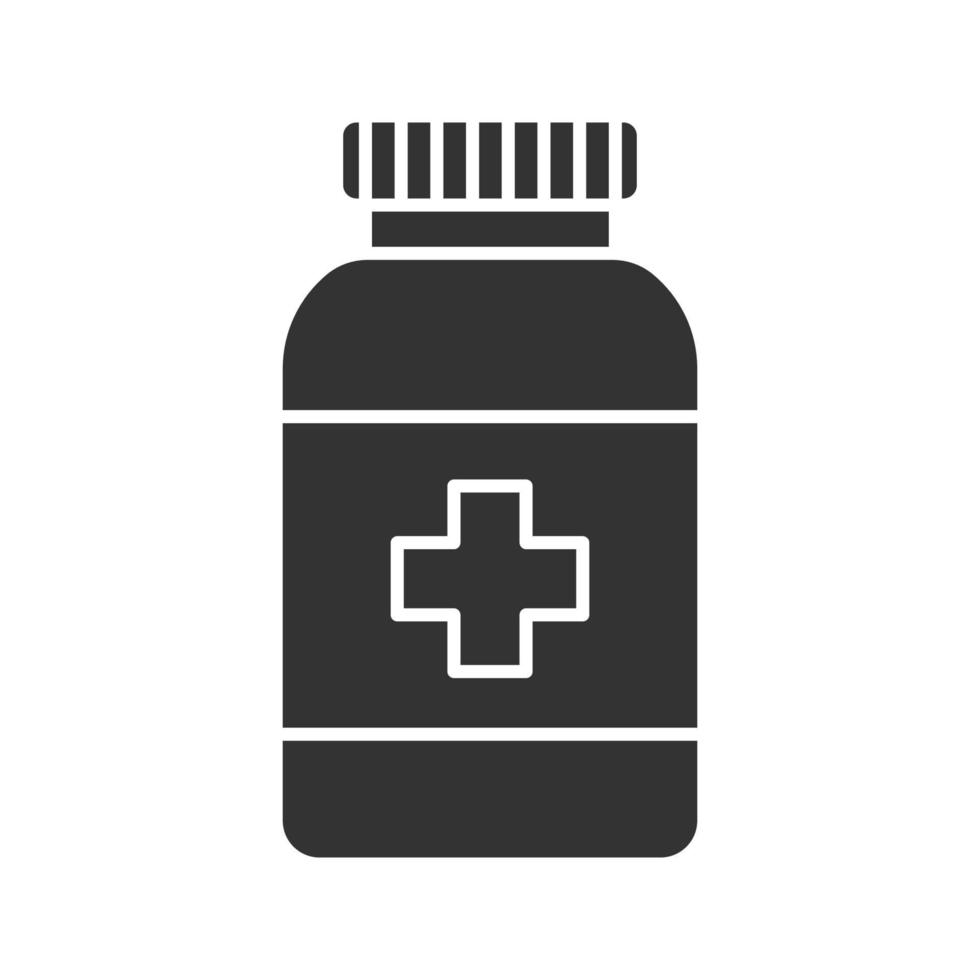 receptbelagda piller flaska glyfikon. mediciner. siluett symbol. negativt utrymme. vektor isolerade illustration