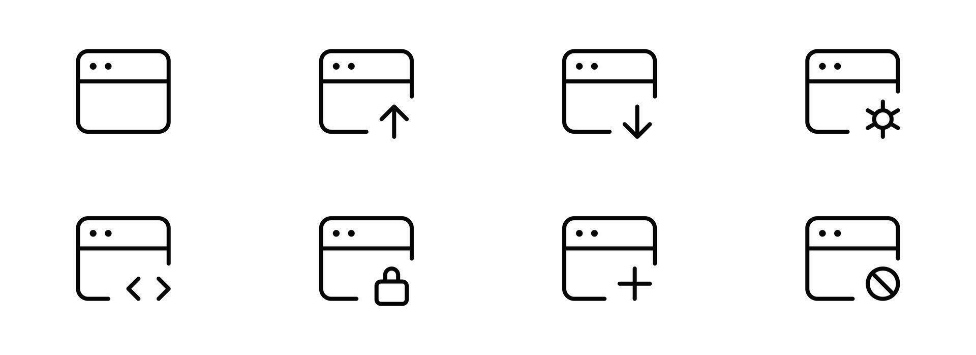 Programmierung und Codierung Symbol Satz. linear Symbole mögen Netz Entwicklung, Code, Webseite, Wolke, Anwendung, Daten, Software, Algorithmus, API, bauen, Programm. editierbar Schlaganfall, Vektor