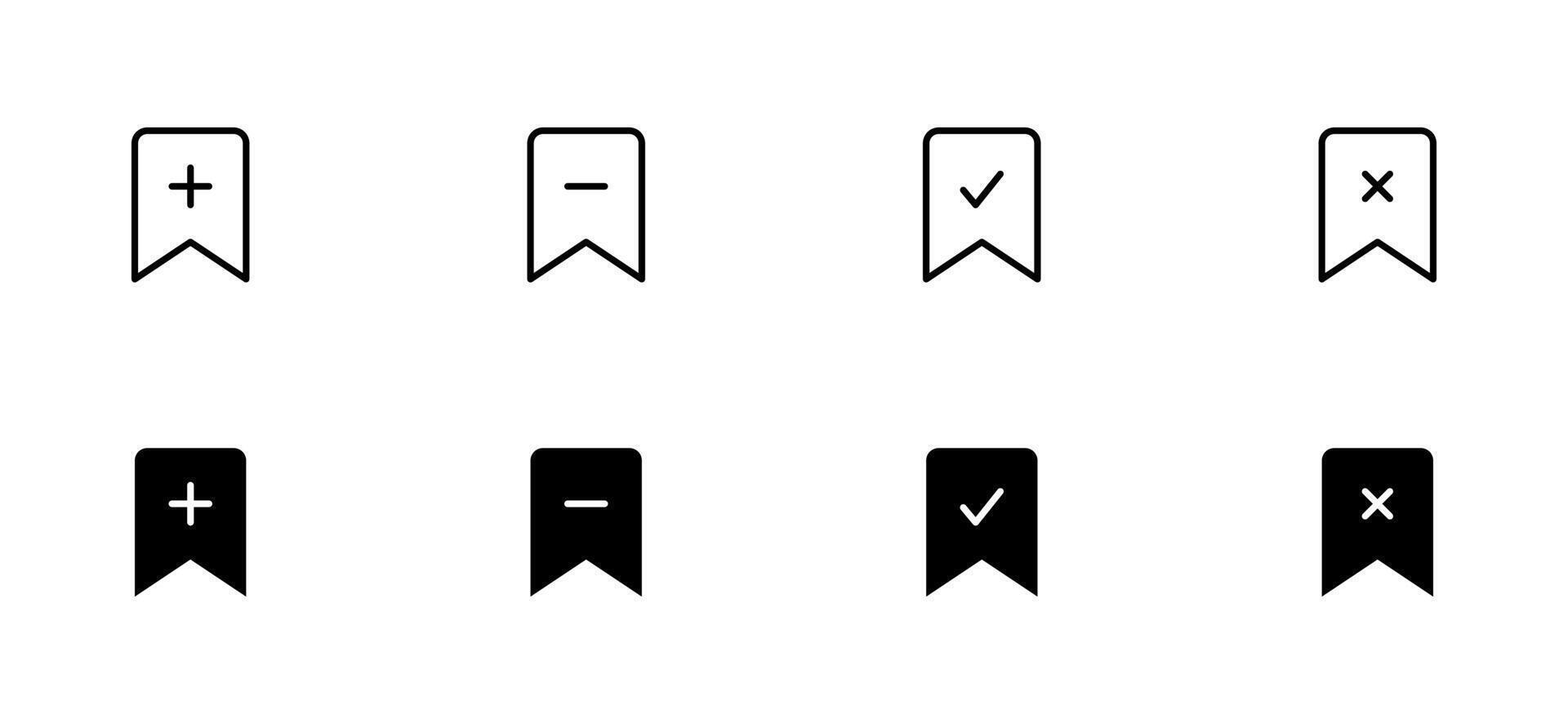 Lesezeichen Symbol Satz. speichern Zeichen Sammlung. Lesezeichen mit hinzufügen, entfernen, Plus, Stern, überprüfen. zum das verwenden von ui und Handy, Mobiltelefon Anwendung, Netz Seite? ˅ Schnittstelle. editierbar Schlaganfall. Vektor Illustration.