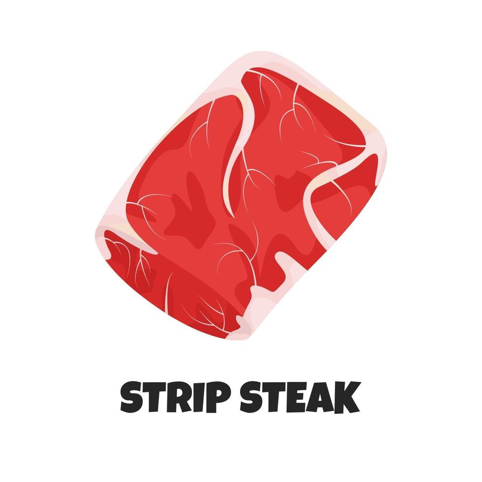 Vektor-realistische Darstellung von Strip-Steak. Konzept des Streifens New York Steak. Bestandteil der Fleischfresser-Diät im flachen Grafikstil. Design von landwirtschaftlichen Produkten aus erstklassigem Rindfleisch. gesundes und pflegerisches Selbstkonzept vektor