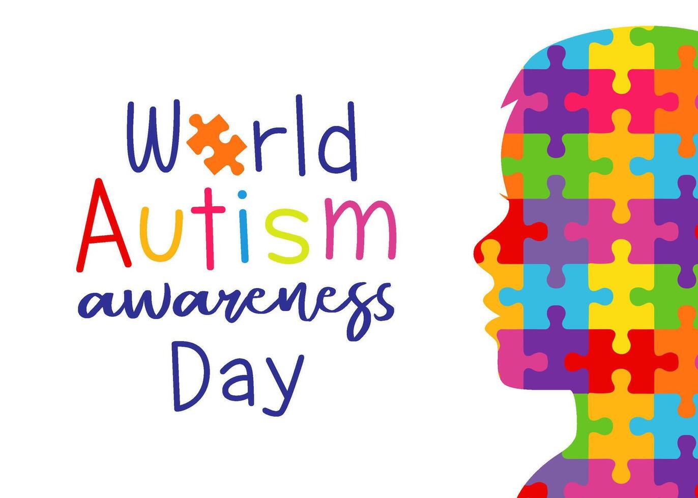 autism medvetenhet dag söt affisch med färgrik pussel och barn silhuett. kreativ baner. vektor