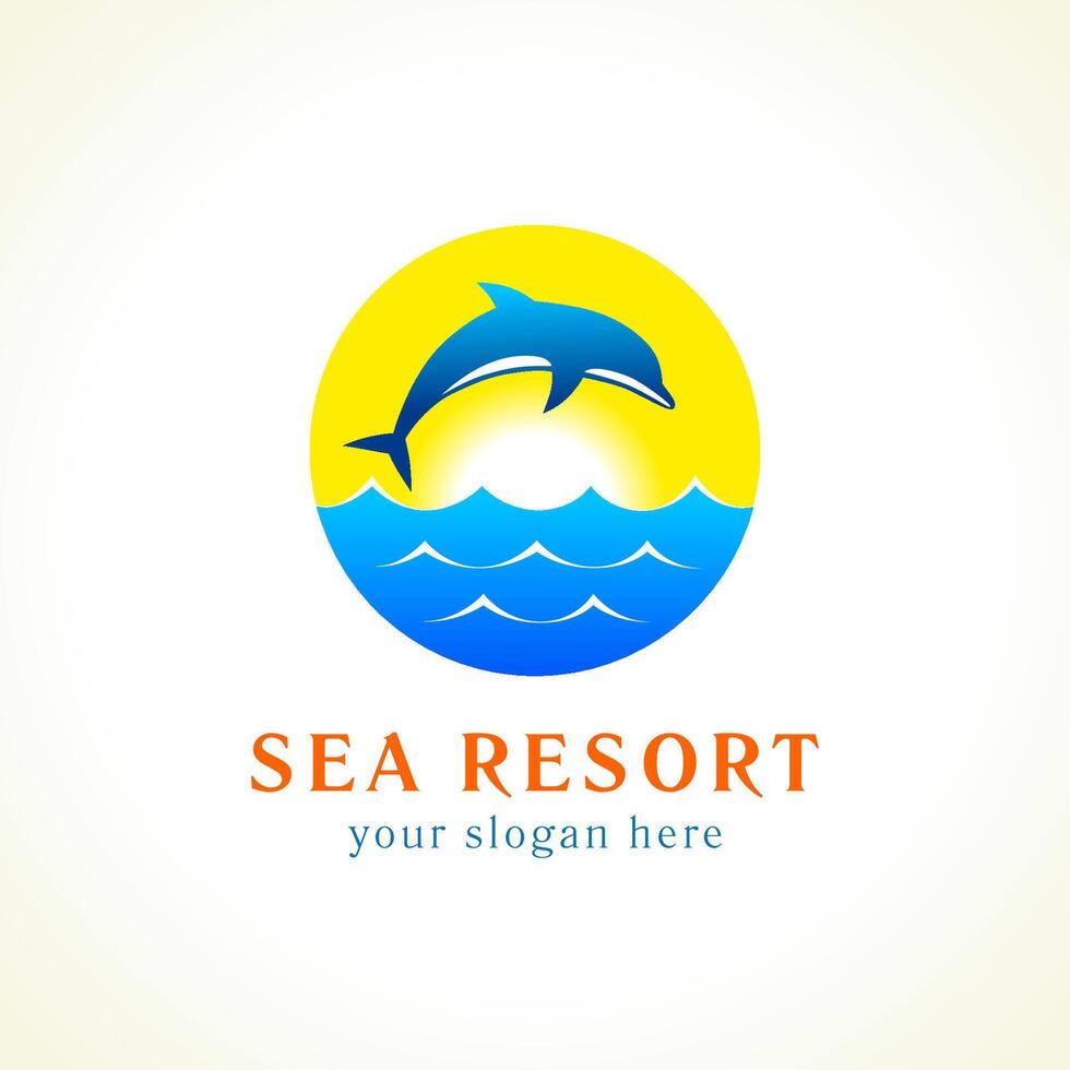 Delfin Springen über Wellen, Blau Ozean. Meer Sonnenuntergang Vektor Illustration. Reise Agentur Logo Konzept. Resort Symbol.