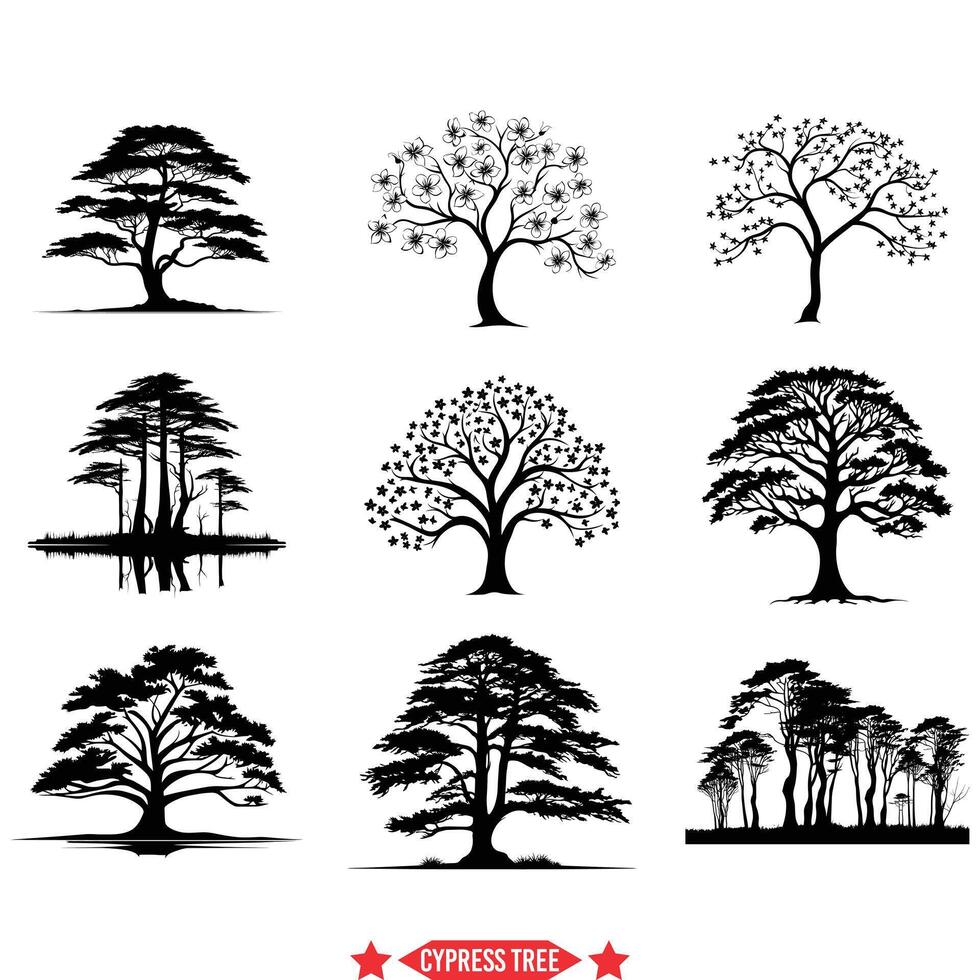 Jahrgang Zypresse Baum Silhouette bündeln klassisch Natur Abbildungen vektor