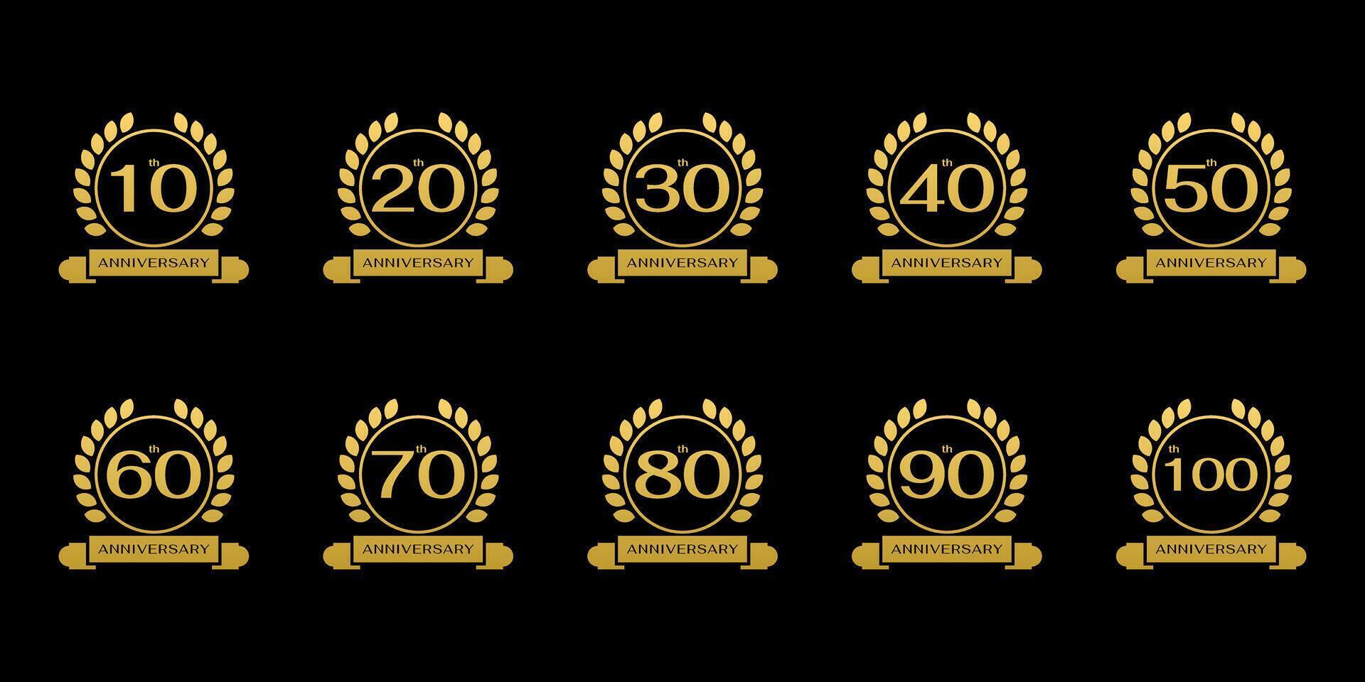 einstellen von 10. bis 90. Jahrestag Feier Symbole. Jahrestag Logo mit Gold Band und kreisförmig Blätter vektor