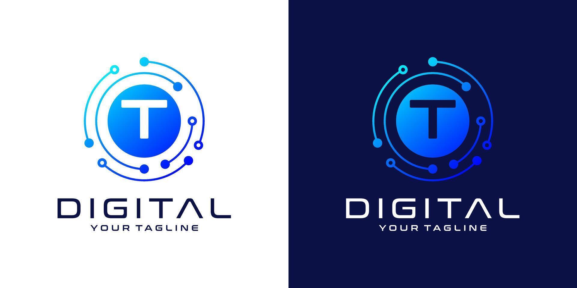 brev t logotyp design mall, abstrakt punkt förbindelse teknologi, digital, data och cirkel krets teknologi vektor