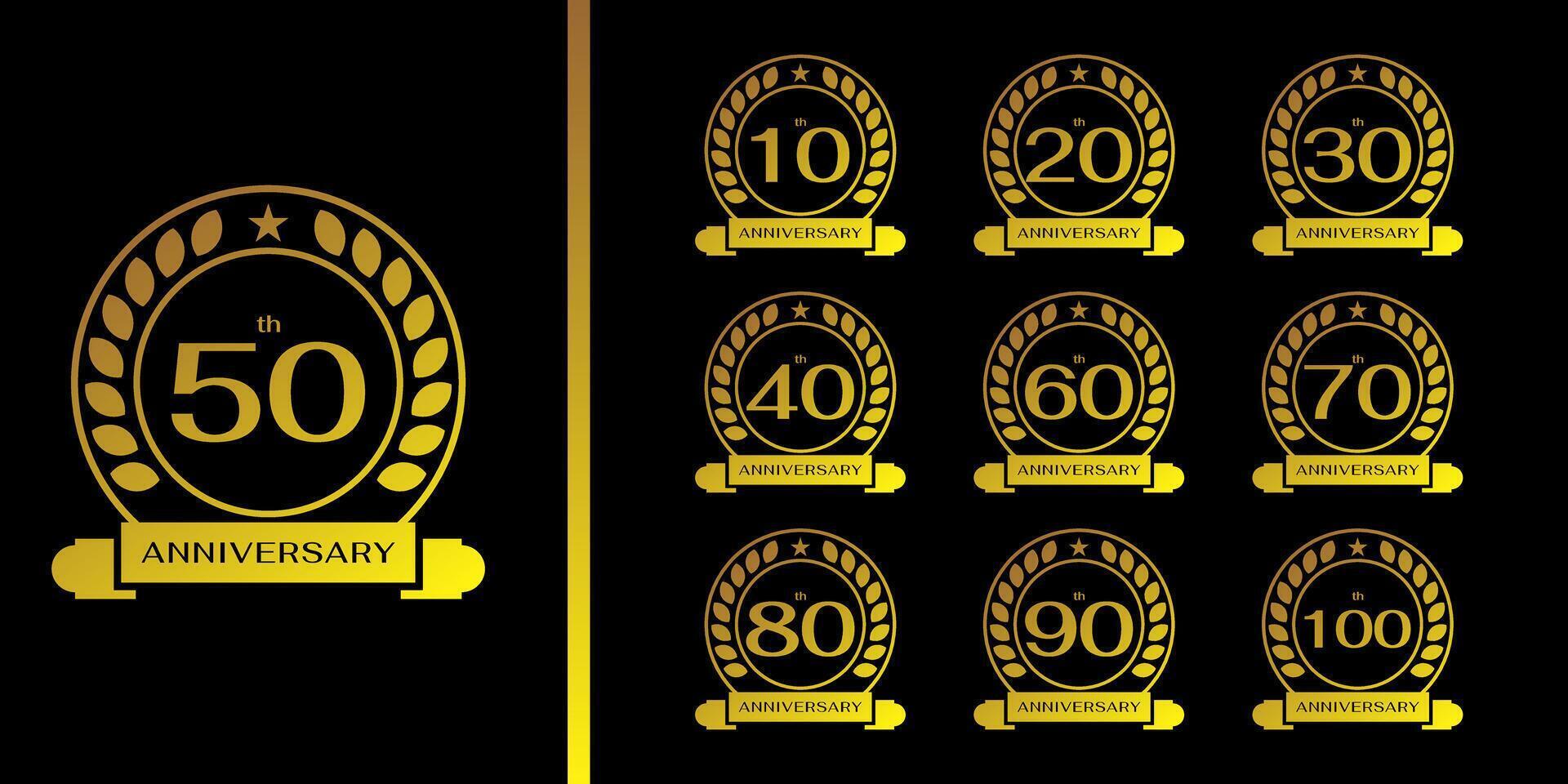 einstellen von 10.-100. Jahrestag Feierlichkeiten. Jahrestag Logo mit Luxus Gold Kreis und Gold Band vektor