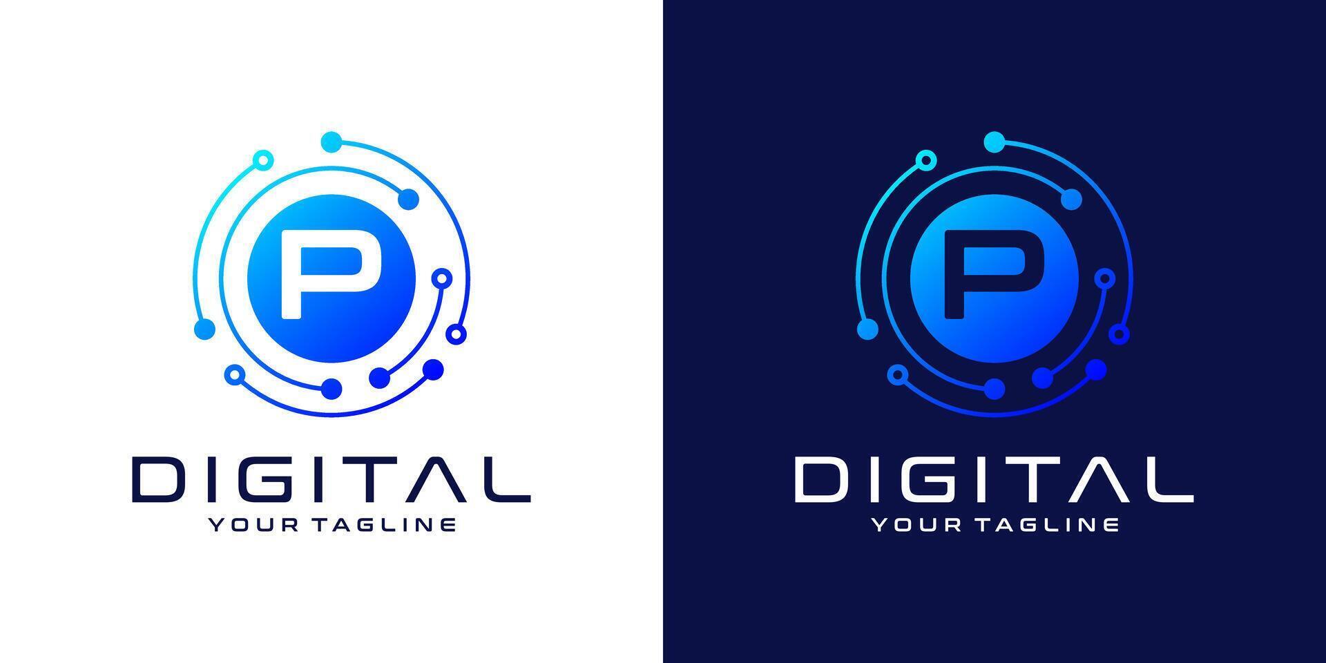 brev p logotyp design mall, abstrakt punkt förbindelse teknologi, digital, data och cirkel krets teknologi vektor