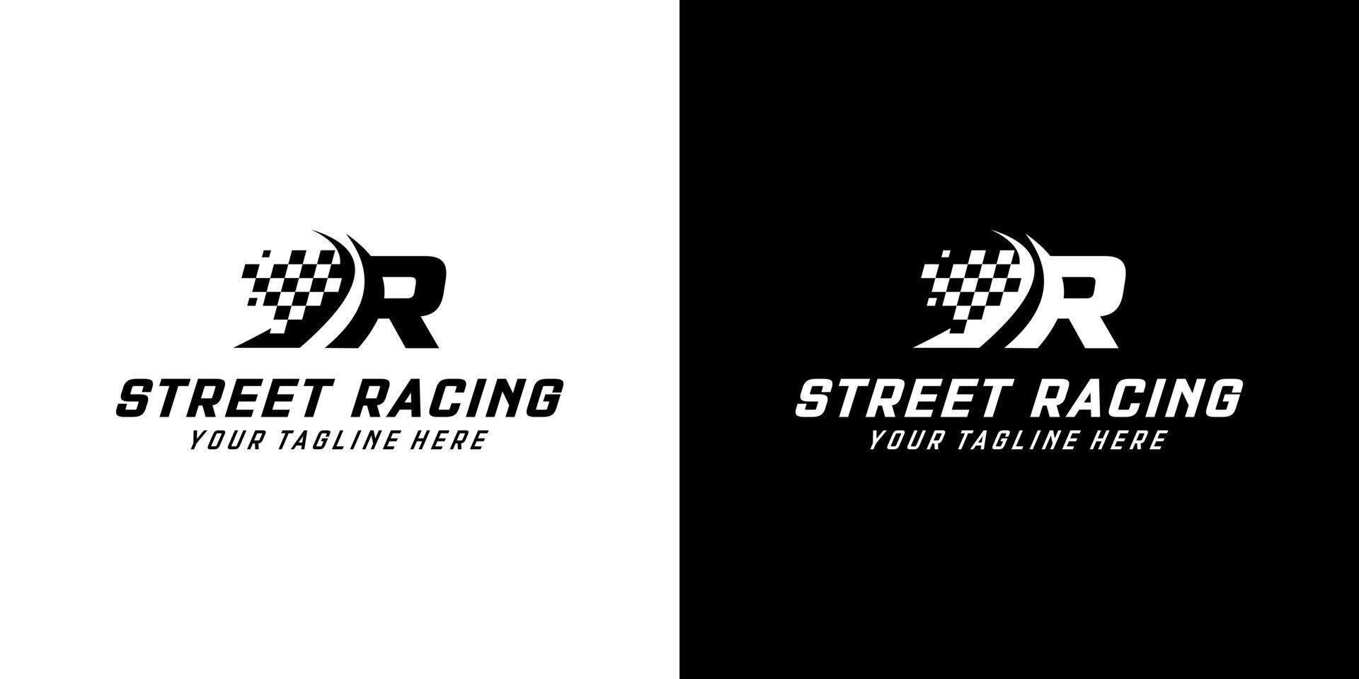 Brief r mit Rennen Flagge Symbol auf schwarz und Weiß Hintergrund, Rennen, Automobil, Straße Logo vektor