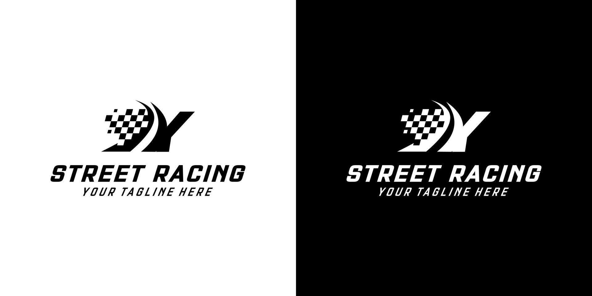 Brief y mit Rennen Flagge Symbol auf schwarz und Weiß Hintergrund, Rennen, Automobil, Straße Logo vektor