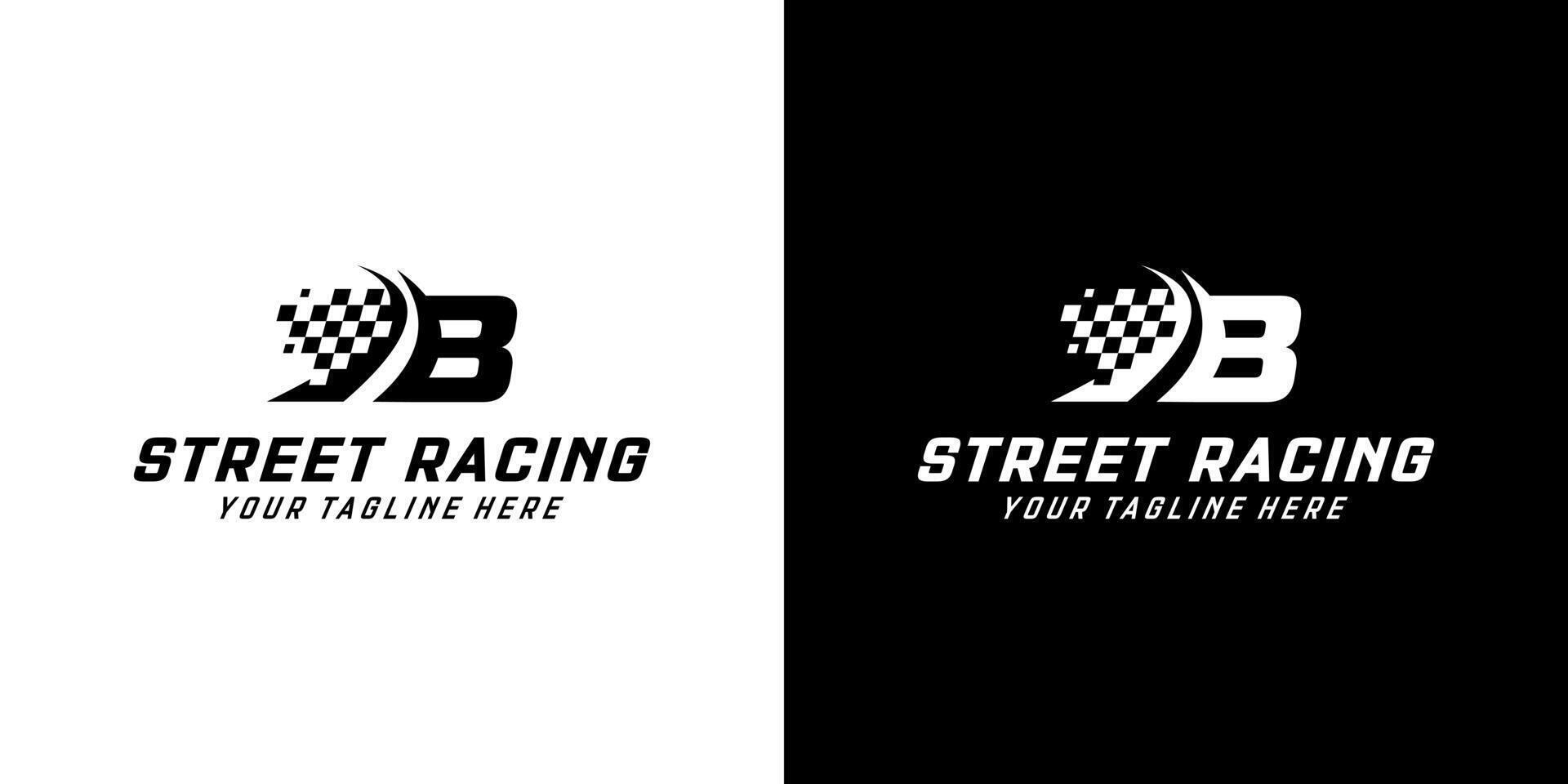 Brief b mit Rennen Flagge Symbol auf schwarz und Weiß Hintergrund, Rennen, Automobil, Straße Logo vektor