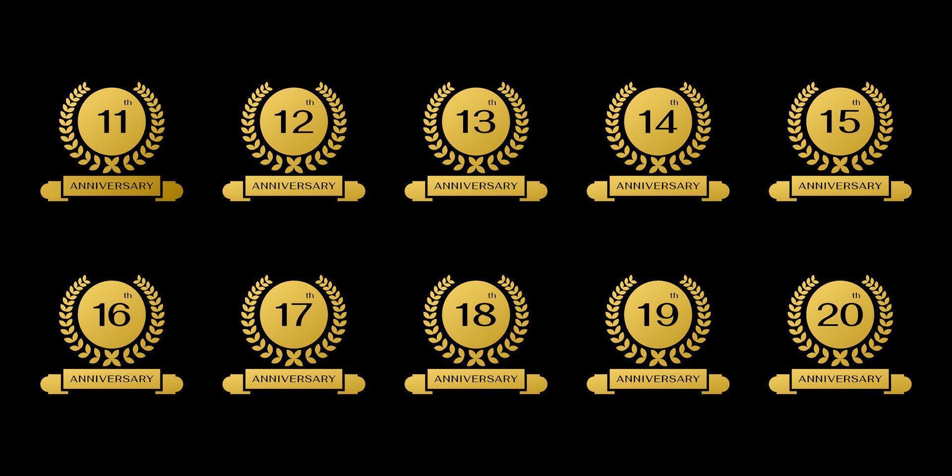 11. bis 20. Jahrestag Feier Sammlung. Jahrestag Logo mit Gold Band Kreis und kreisförmig Blätter vektor