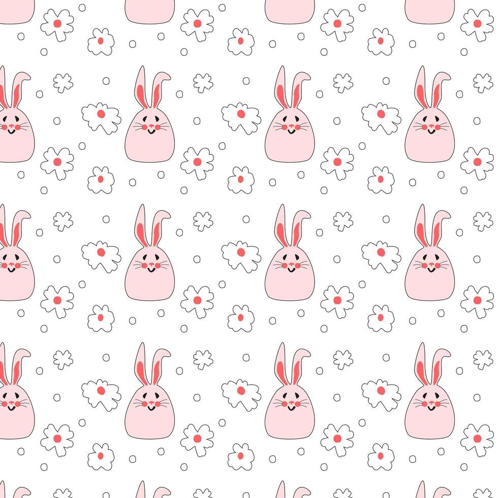 nahtlos Muster mit Rosa Hasen mit Blumen. Ostern Hasen zum Drucken auf Kinder Produkte, Stoff und Hintergrund auf ein Weiß Hintergrund. eben Vektor Illustration.